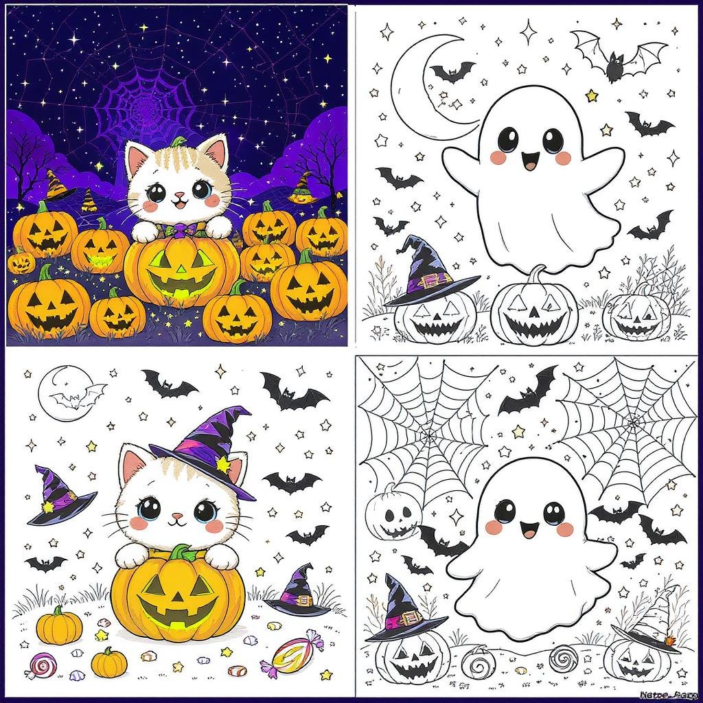 This colorful page features the season of Halloween and its decorations, from bats to Jack-o’-Lanterns.