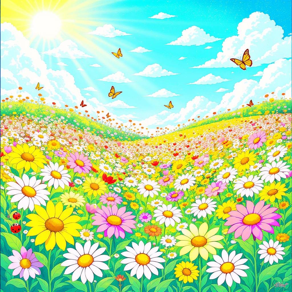 This coloring page features beautiful daisy flowers surrounded by butterflies.