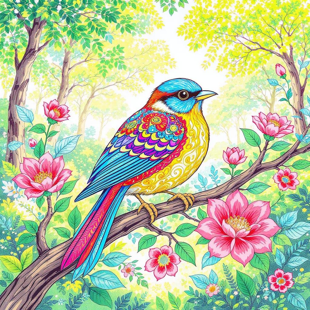 This page features a colorful bird perched on a tree with blooming flowers.