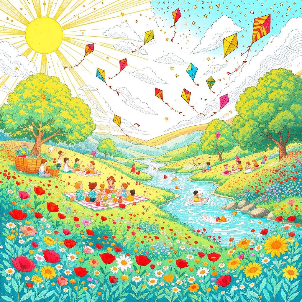 This coloring page features the season of july, the bright sun and colorful trees and hills.
