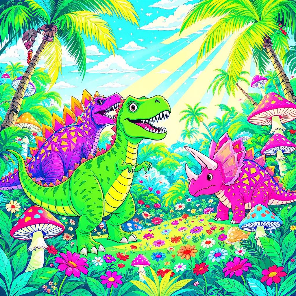 This coloring page features a fully colored jungle scene with green and purple colored dinosaurs.
