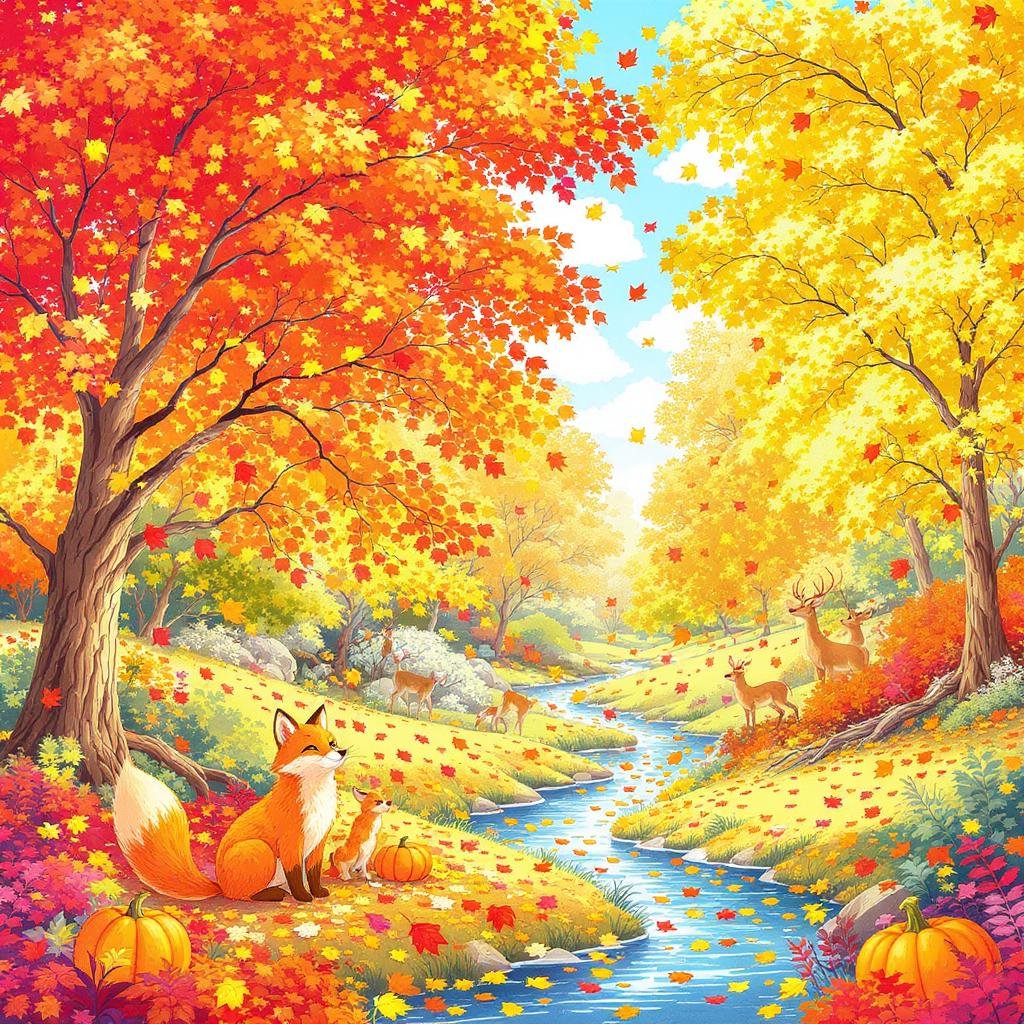 This coloring page features beautiful colored trees with falling leaves and a beautiful stream.