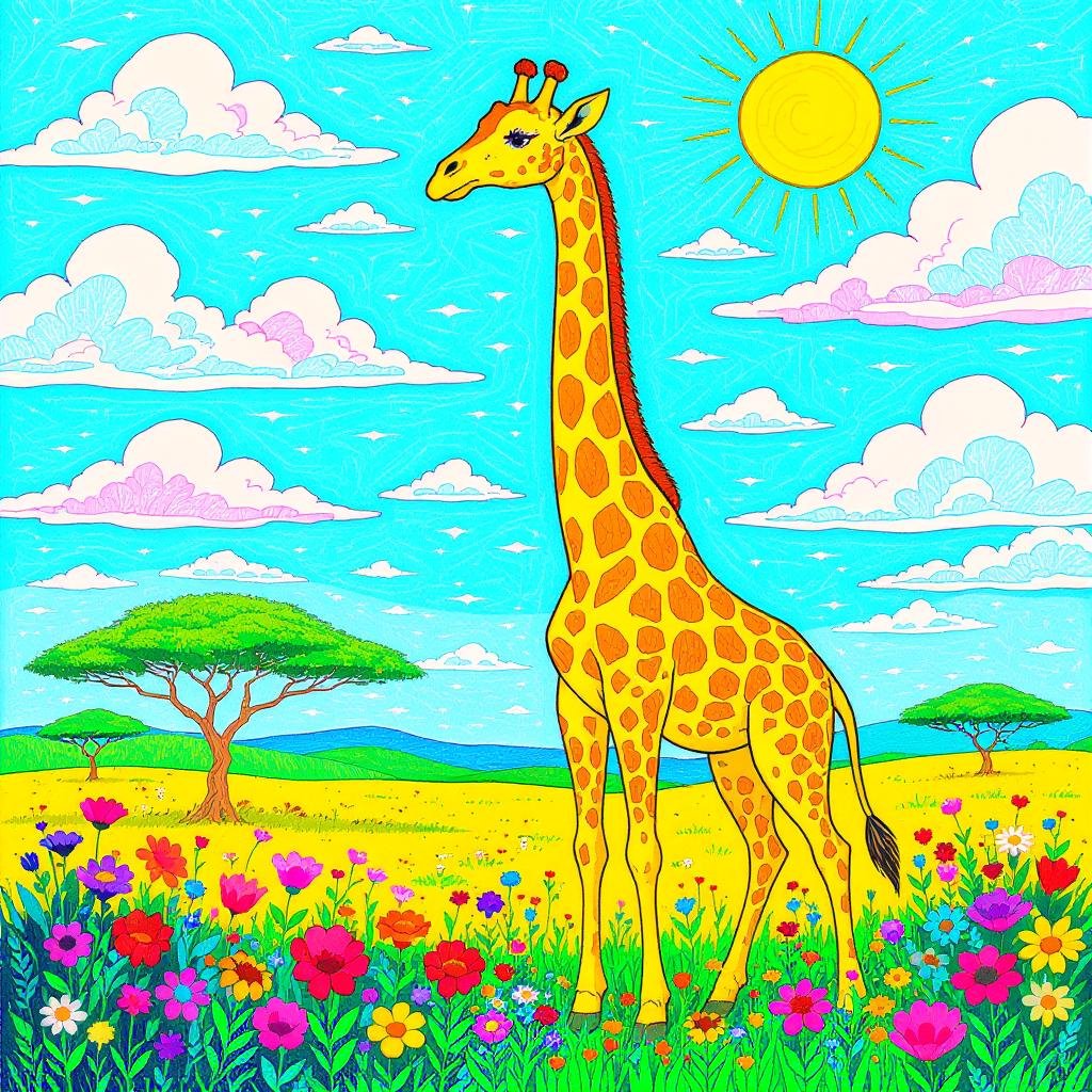 This colorful page features a giraffe in a beautiful landscape surrounded by beautiful flowers.