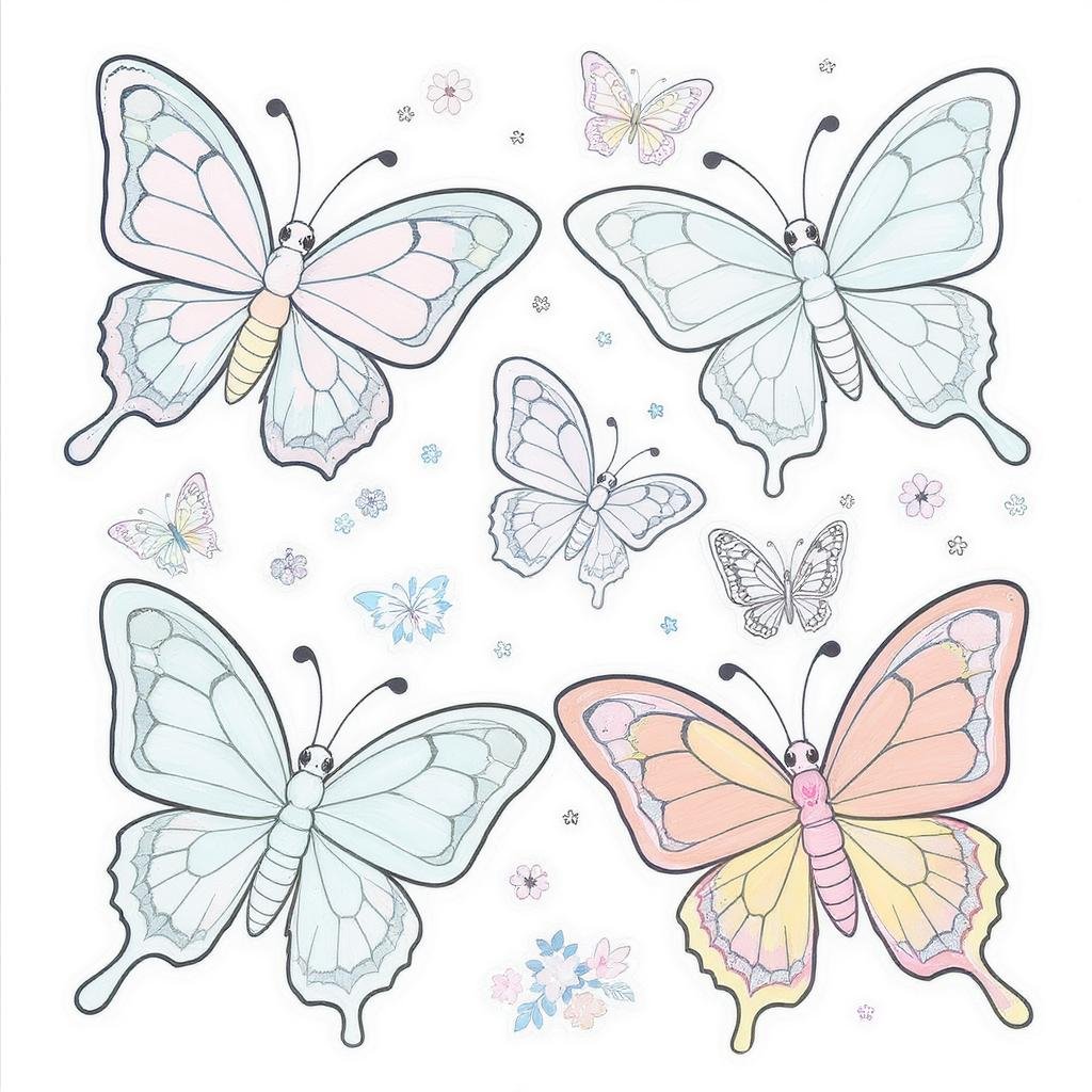 This coloring page features beautifully designed butterflies in soft pastel shades with varied wing shapes and sizes. Surrounded by tiny blossoms and floral accents, it offers a whimsical garden-like scene perfect for relaxing, creative coloring.