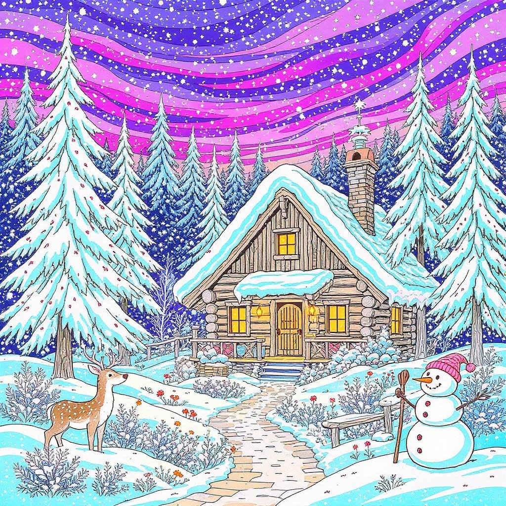 This coloring page features a snow-covered cabin.