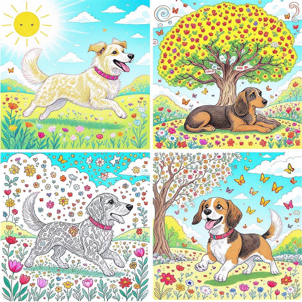 This coloring page features four playful dog breeds, Golden Retriever, Dachshund, Poodle, and Beagle enjoying vibrant outdoor scenes filled with flowers, trees, and butterflies. Each dog showcases its unique personality in a cheerful dog park setting, making this a delightful and nature-inspired coloring experience.
