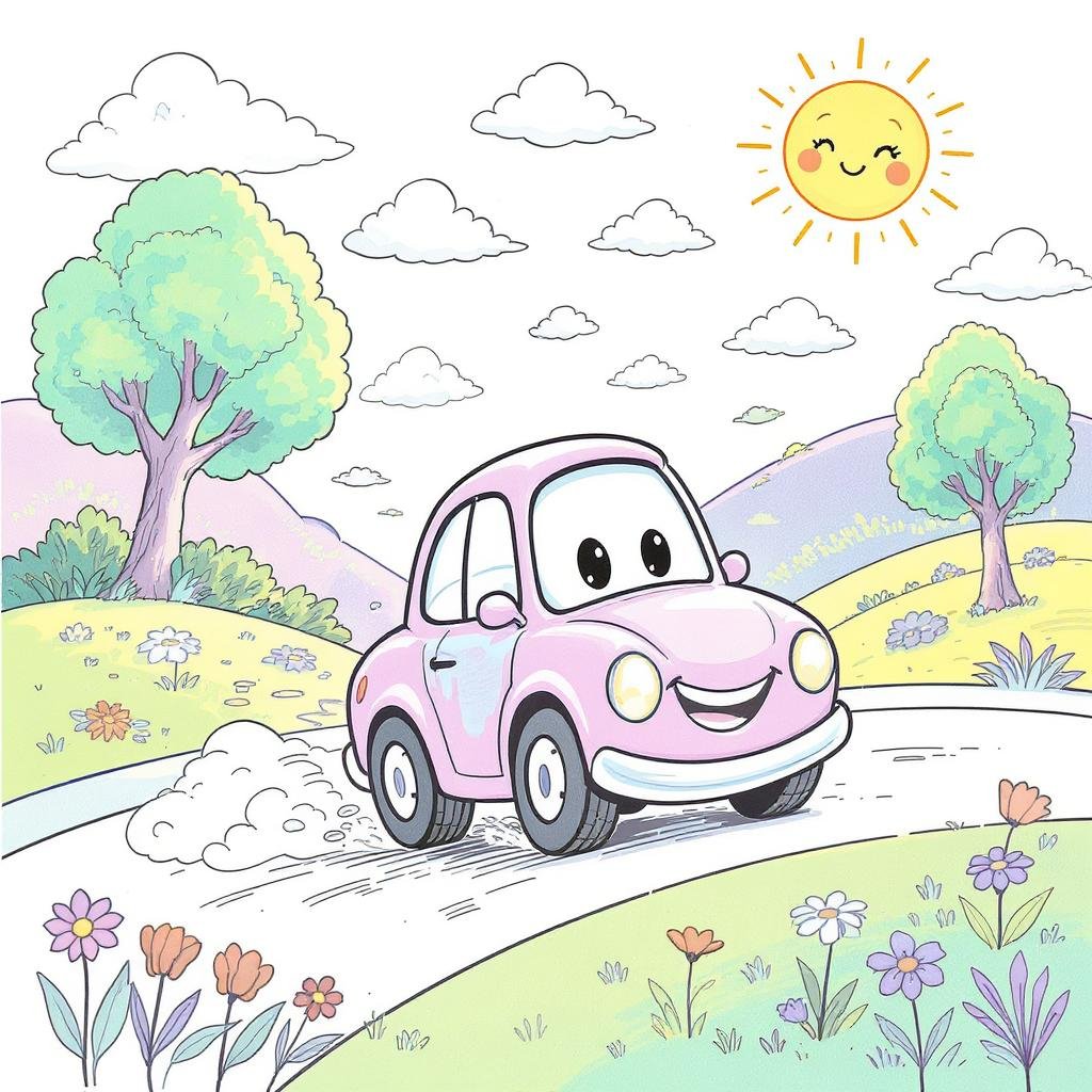 This coloring page features a happy purple car surrounded by lush green trees on a sunny day with fluffy clouds in the sky. It IS a cheerful outdoor scene perfect for kids who love cars and nature.