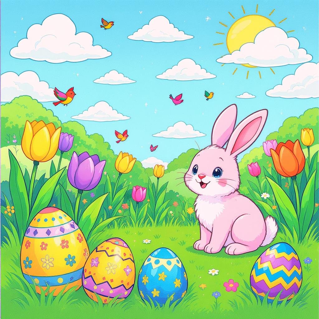 This coloring page features a bunny and decorated Easter eggs.