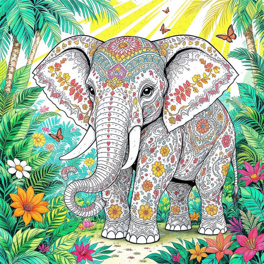 This coloring page features a colorful and elegant elephant in a forest setting.