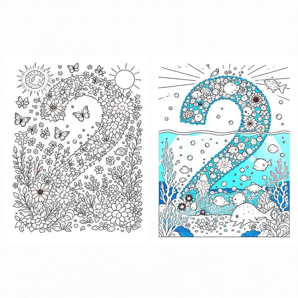 This coloring page features a number "2" with glowing blue tones, sparkling effects, and background clouds in a whimsical dreamlike style.