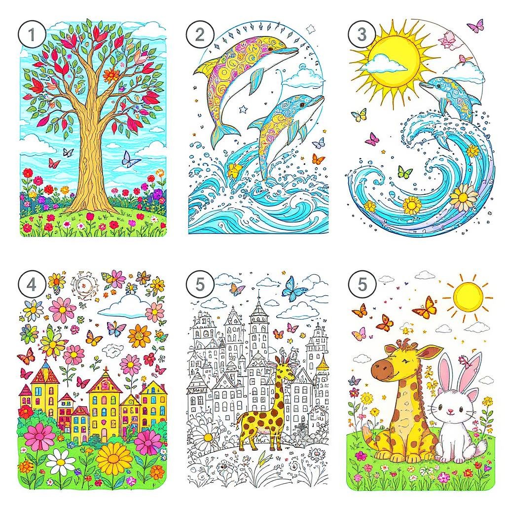 This coloring page features a tree, a fish, sun, a mansion, and a giraffe, as well as a rabbit; each picture is labeled 1 to 5.