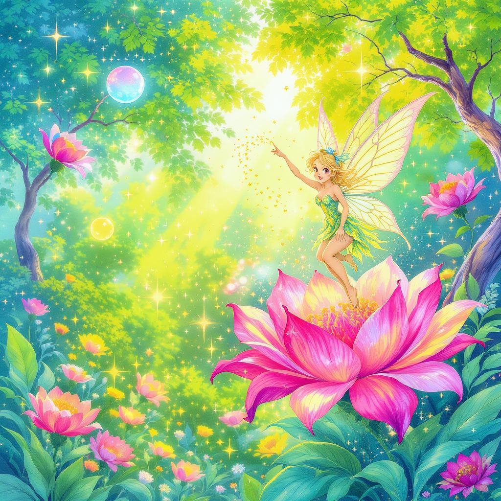 This coloring page features a beautiful fairy in a flower garden.