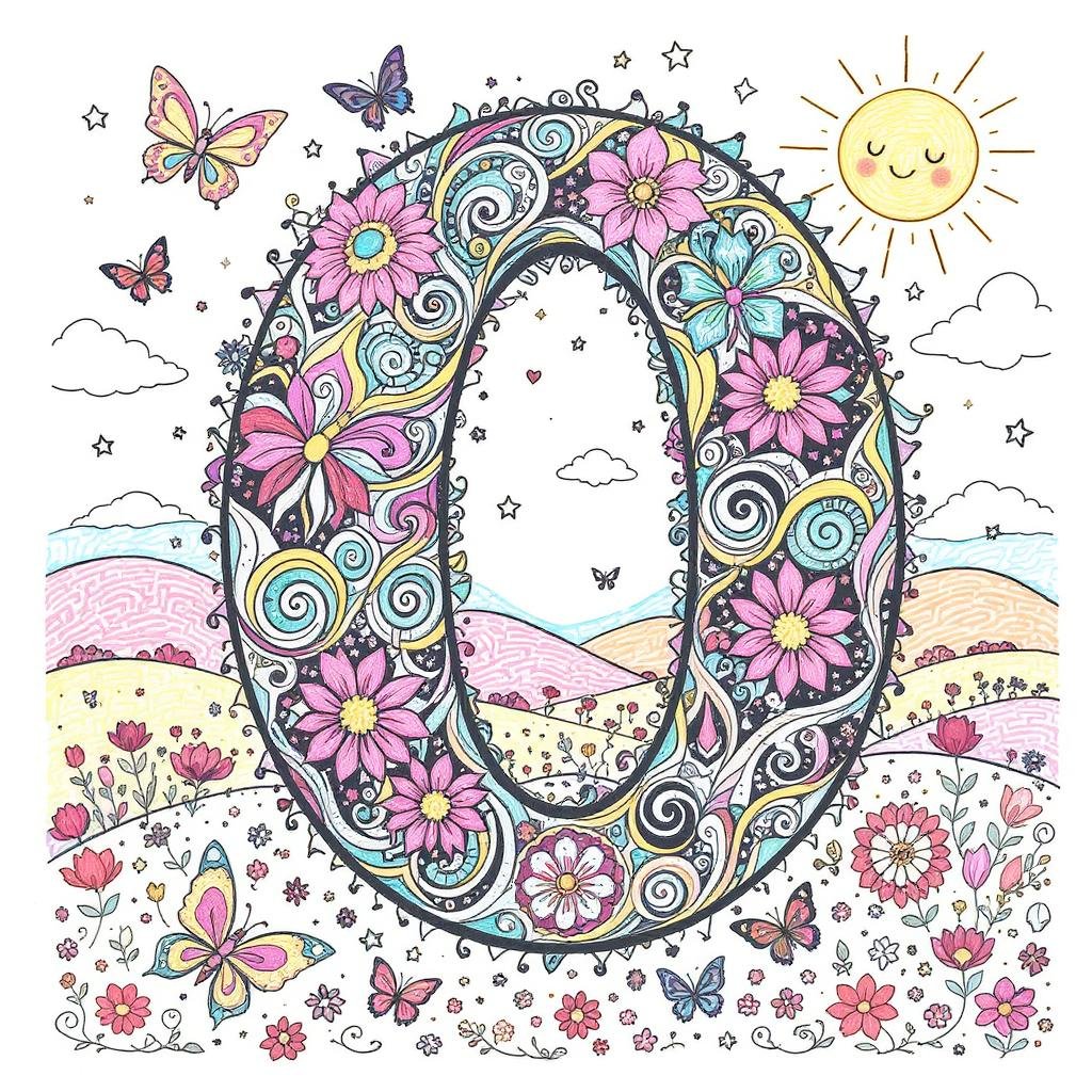 This coloring page features pastel flowers, swirling vines, butterflies, a smiling sun, rolling hills, and a blooming meadow radiating joyful spring and summer energy.