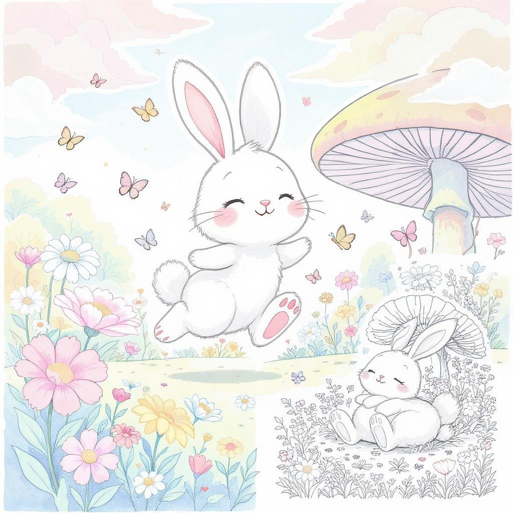 This coloring page features a playful bunny surrounded by beautiful colors and nature.