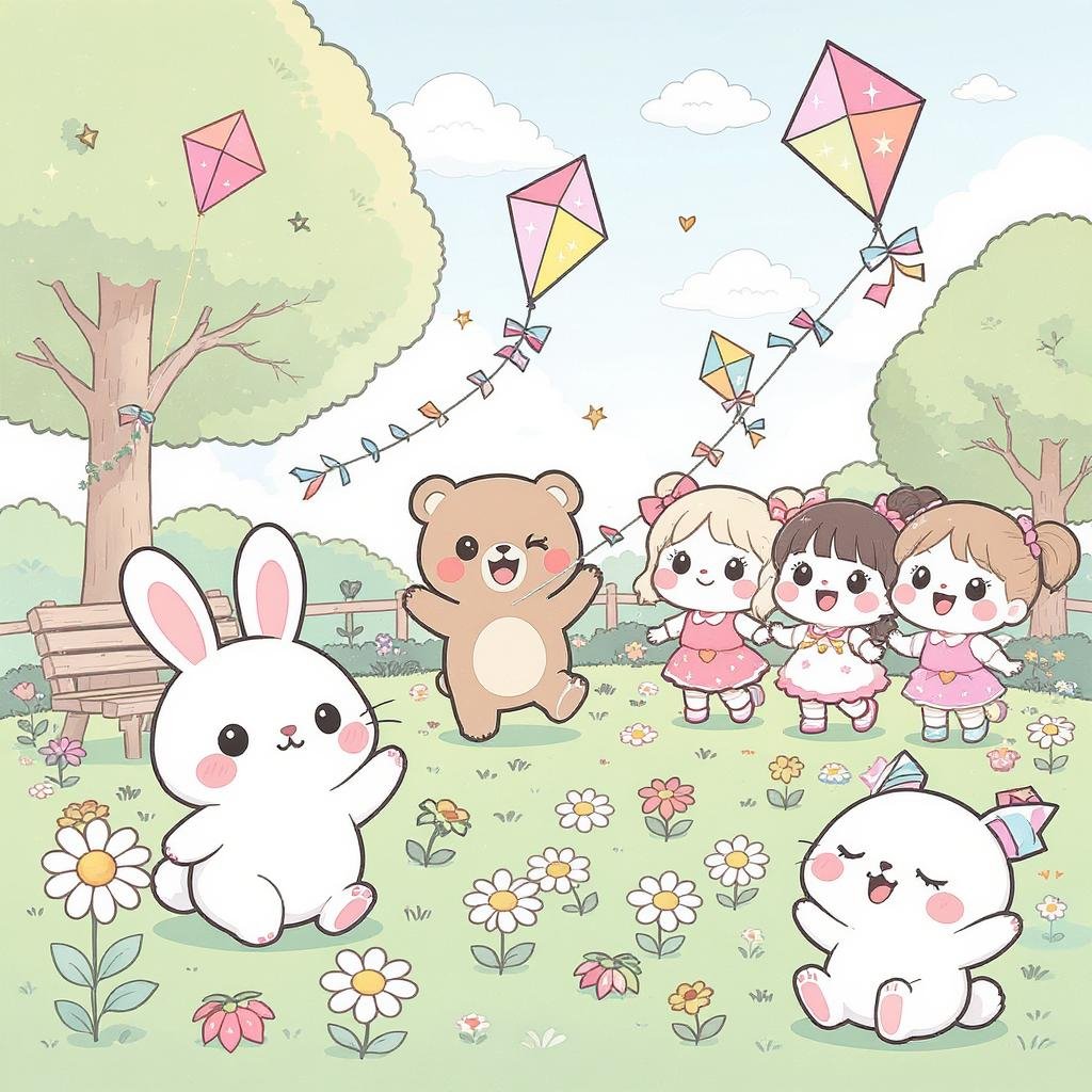This coloring page features teddies flying kite.