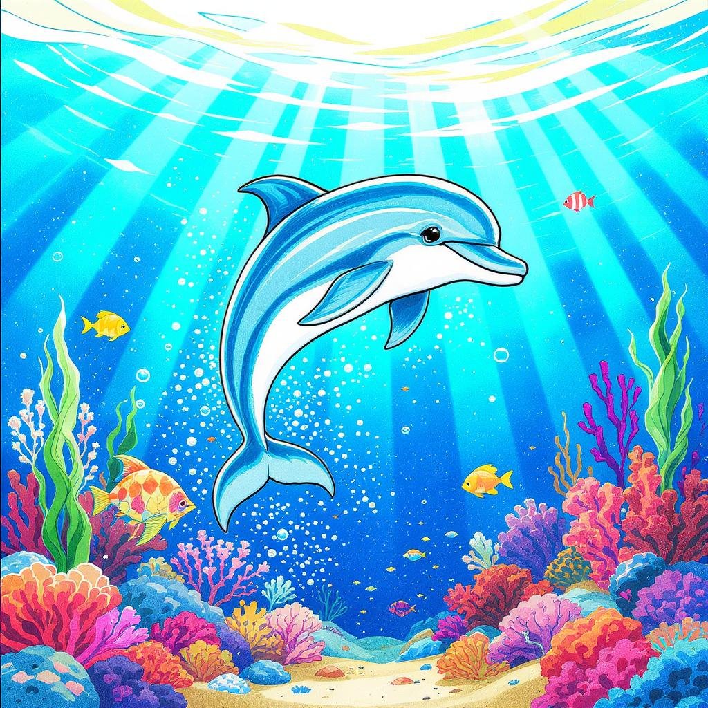 This page features a dolphin swimming in a colorful ocean surrounded by coral reefs, fish and a bright sun shining through clear blue waters.